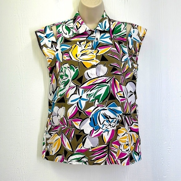Christian Dior Sport -Colorful Floral Pattern Cutout 3 Button Short Sleeve Top S - Picture 1 of 13